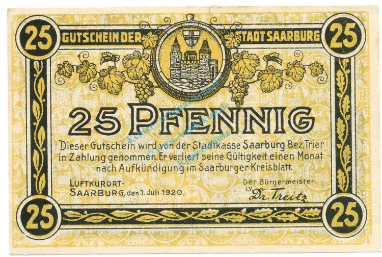 Saarburg , Notgeld 25 Pfennig Schein unc-kfr. Ti.6340.10.02 RHL 1920 Verkehrsausgabe -4312-