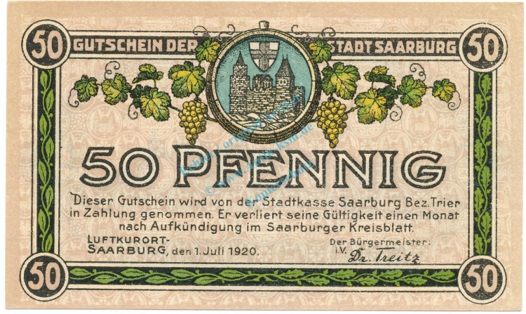 Saarburg , Notgeld 50 Pfennig Schein unc-kfr. Ti.6340.10.03 RHL 1920 Verkehrsausgabe -4313-