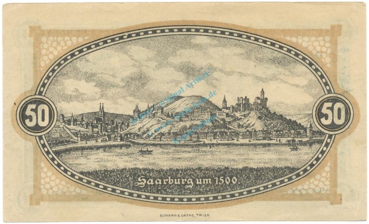 Saarburg , Notgeld 50 Pfennig Schein unc-kfr. Ti.6340.10.03 RHL 1920 Verkehrsausgabe -4313-