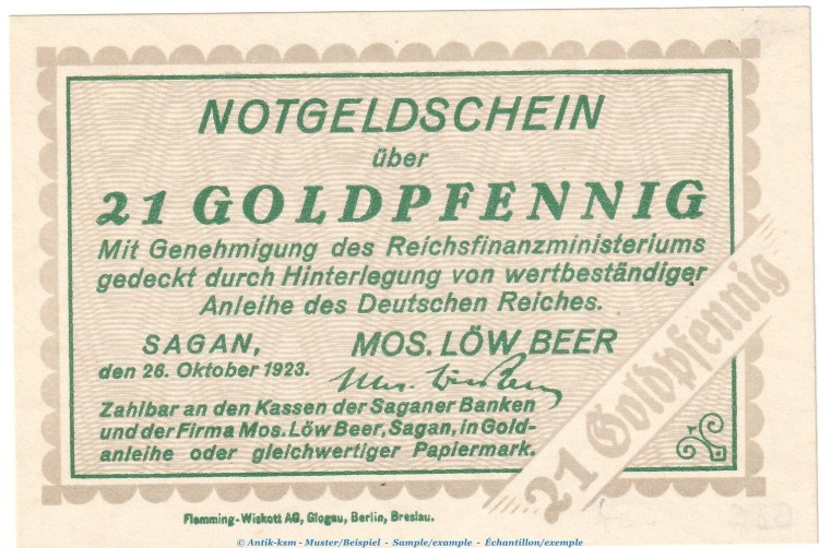 Sagan , 21 Pfennig Gold Notgeld Schein in kfr. Müller 4260.1 von 1923 , Schlesien Wertbeständig