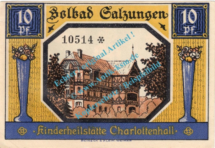 Salzungen , Notgeld 10 Pfennig Schein in kfr. M-G 1160.1.a , Thüringen 1921 Seriennotgeld