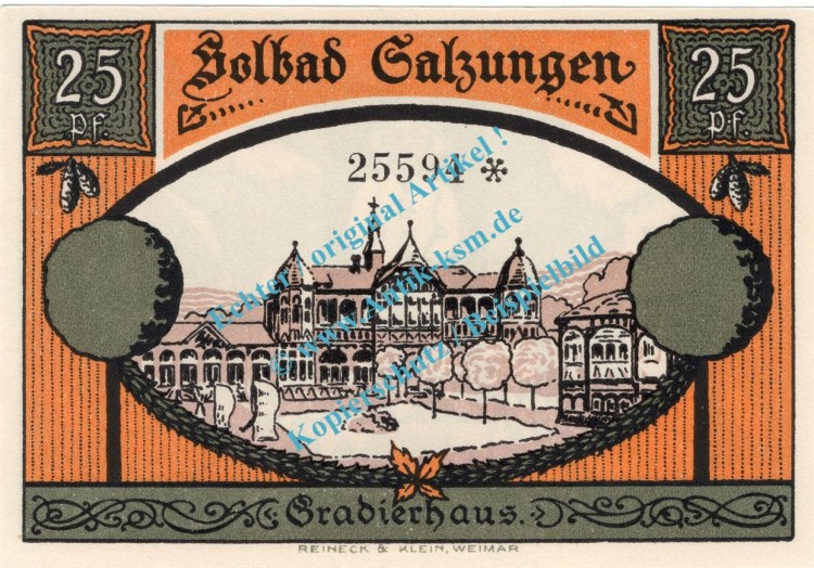 Salzungen , Notgeld 25 Pfennig Schein in kfr. M-G 1160.1.a , Thüringen 1921 Seriennotgeld