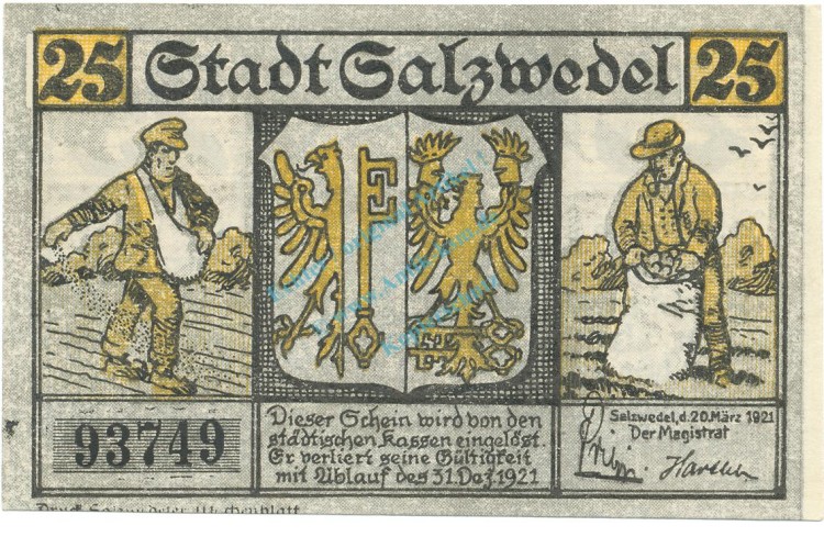 Salzwedel , Notgeld 25 Pfennig -Fehldruck- unc-kfr. M-G 1162.1 , SA 1921 Seriennotgeld -5818-