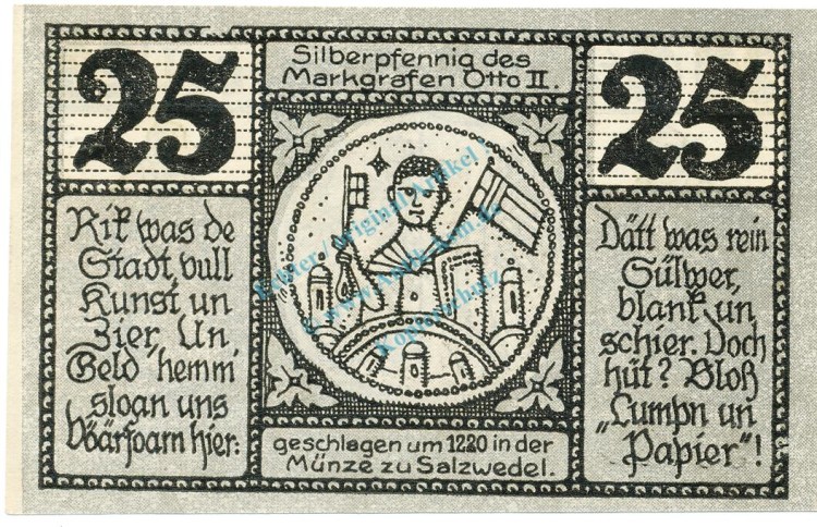Salzwedel , Notgeld 25 Pfennig -Fehldruck- unc-kfr. M-G 1162.1 , SA 1921 Seriennotgeld -5818-