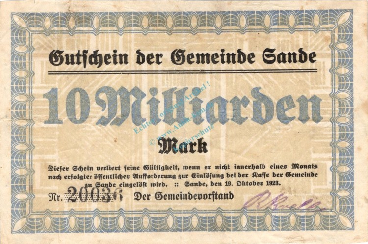 Sande , Banknote 10 Milliarden Mark Schein gbr. Keller 4700.e , Schleswig 1923 Inflation