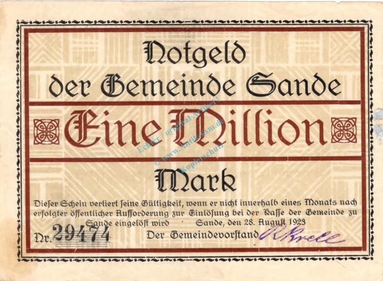Sande , Banknote 1 Million Mark Schein F-kfr. Keller 4700.c , Schleswig 1923 Inflation