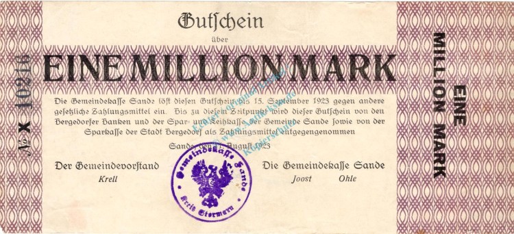 Sande , Banknote 1 Million Mark Schein gbr. Keller 4700 , Schleswig 1923 Inflation