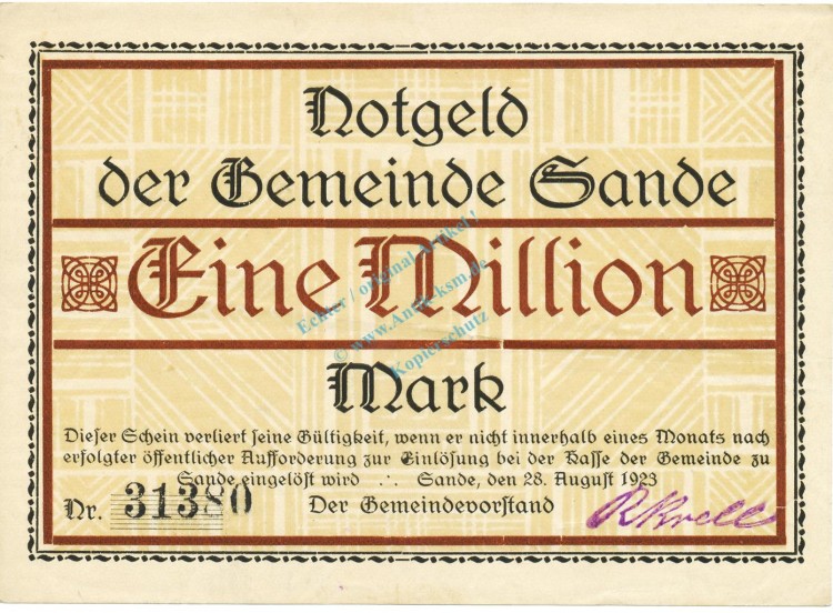 Sande , Banknote 1 Million Mark Schein L-gbr. Keller 4700.c , Schleswig 1923 Inflation
