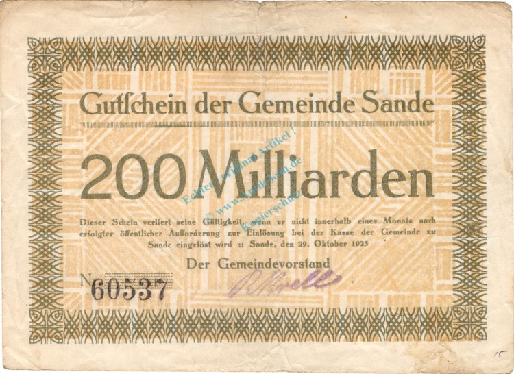 Sande , Banknote 200 Milliarden Mark Schein gbr. Keller 4700.f , Schleswig 1923 Inflation