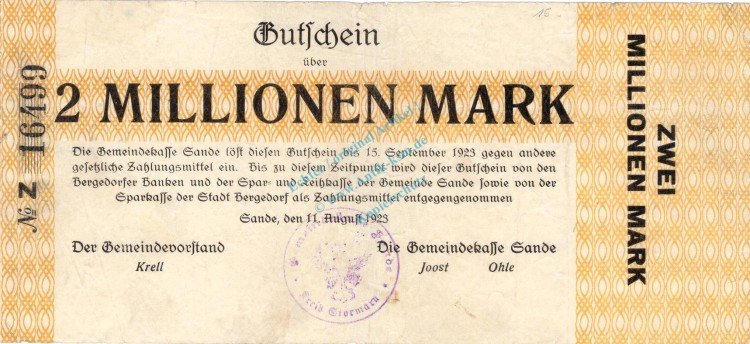 Sande , Banknote 2 Millionen Mark Schein gbr. Keller 4700 , Schleswig 1923 Inflation
