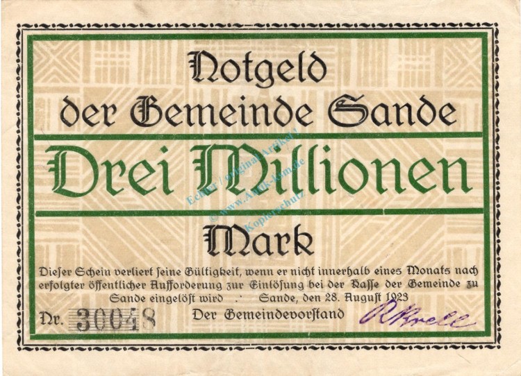Sande , Banknote 3 Millionen Mark Schein gbr. Keller 4700.c , Schleswig 1923 Inflation