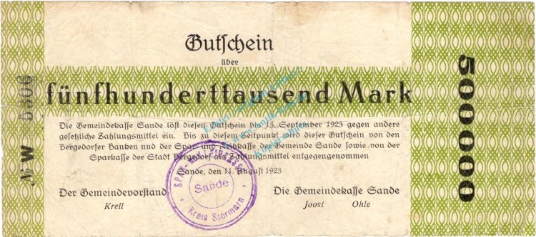 Sande , Banknote 500.000 Mark Schein gbr. Keller 4700 , Schleswig 1923 Inflation