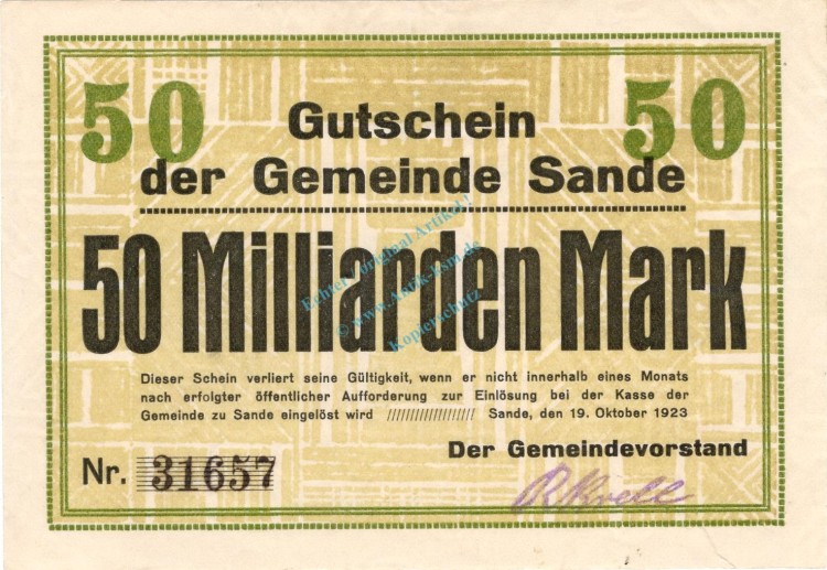 Sande , Banknote 50 Milliarden Mark Schein unc-kfr. Keller 4700.e , Schleswig 1923 Inflation