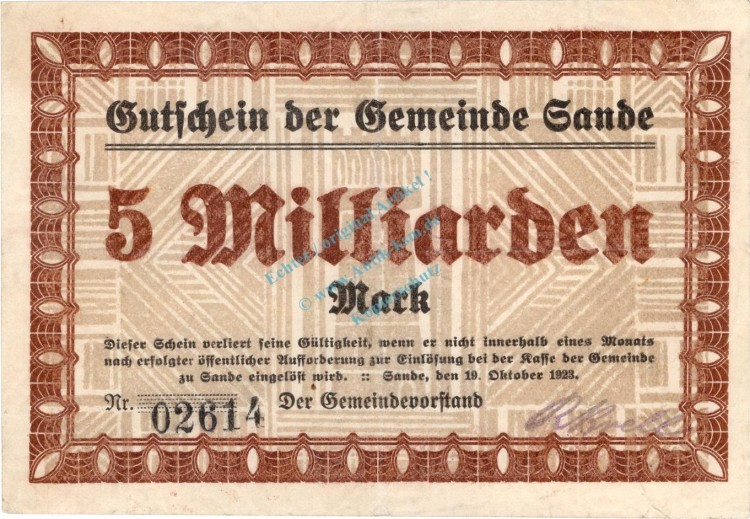 Sande , Banknote 5 Milliarden Mark Schein gbr. Keller 4700.e , Schleswig 1923 Inflation