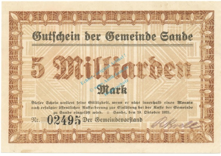 Sande , Banknote 5 Milliarden Mark Schein unc-kfr. Keller 4700.e , Schleswig 1923 Inflation