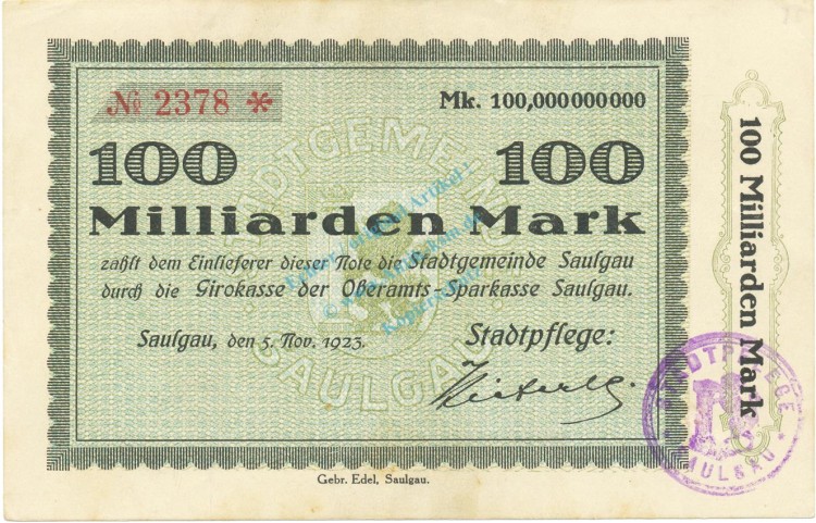 Saulgau , Banknote 100 Milliarden Mark Schein L-gbr. Keller 4721.o , Württemberg 1923 Inflation