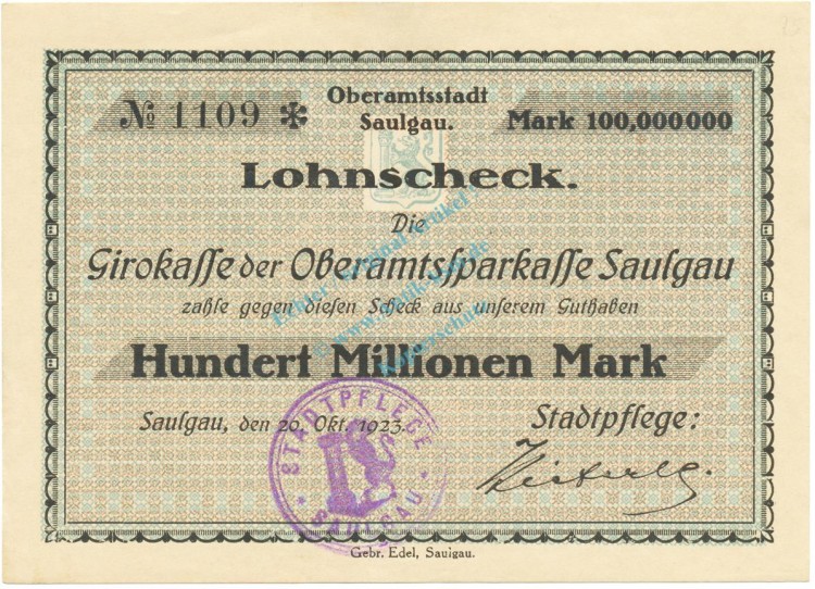 Saulgau , Banknote 100 Millionen Mark Scheck L-gbr. Keller 4721... Württemberg 1923 Inflation