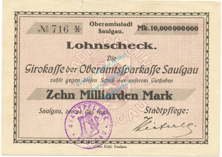Saulgau , Banknote 10 Milliarden Mark Scheck unc- Keller 4721.i , Württemberg 1923 Inflation