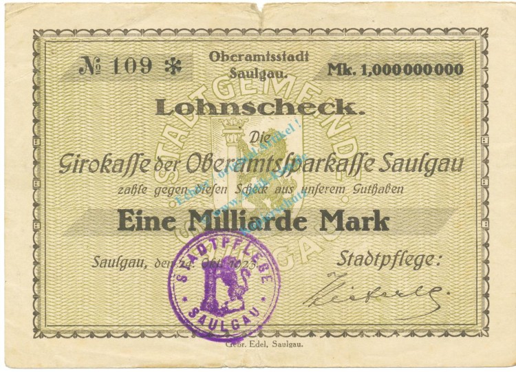 Saulgau , Banknote 1 Milliarde Mark Scheck gbr.- Keller 4721.L , Württemberg 1923 Inflation
