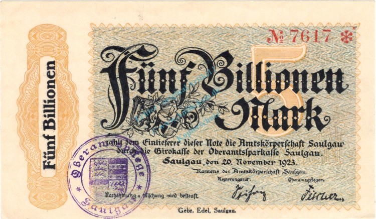 Saulgau , Banknote 5 Billionen Mark Schein unc-kfr. Keller 4726.L , Württemberg 1923 Inflation