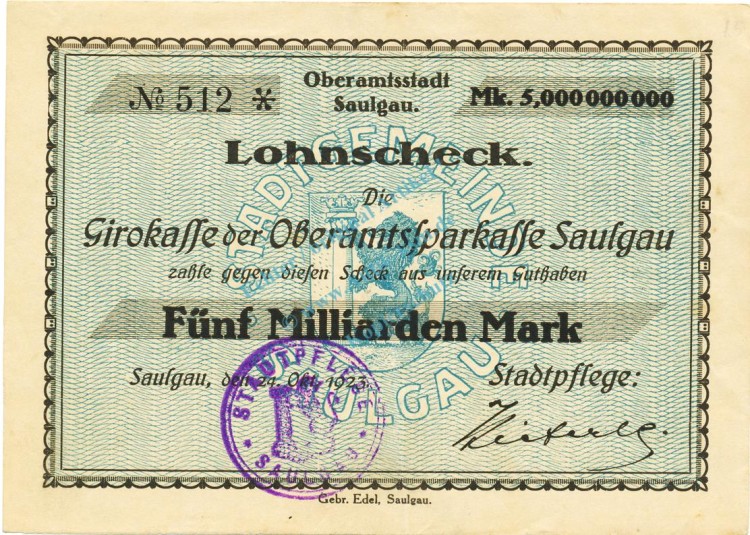 Saulgau , Banknote 5 Milliarden Mark Scheck gbr. Keller 4721.i , Württemberg 1923 Inflation