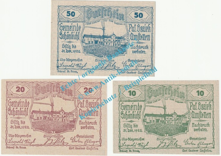 Schönbichl , Notgeld Set mit 3 Scheinen in kfr. K-K 969.III ,  Niederösterreich 1920