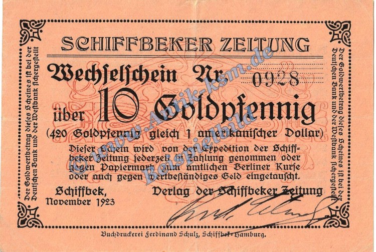Schiffbeck , Banknote 10 Gold Pfennig Schein in gbr. Müller 4290.14 Wertbeständig 1923 Schleswig Holstein