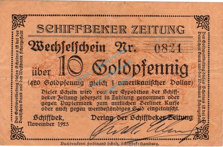 Schiffbek , Banknote 10 Gold Pfennig Schein in gbr. Müller 4290.8 , Schleswig 1923 Inflation