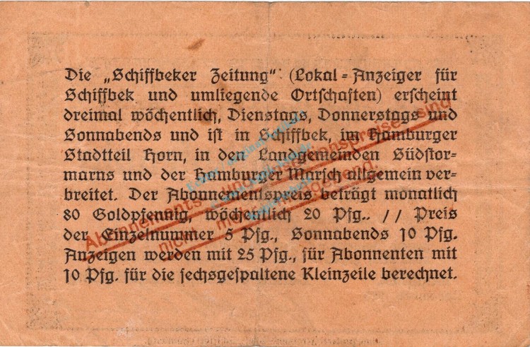 Schiffbek , Banknote 10 Gold Pfennig Schein in gbr. Müller 4290.8 , Schleswig 1923 Inflation