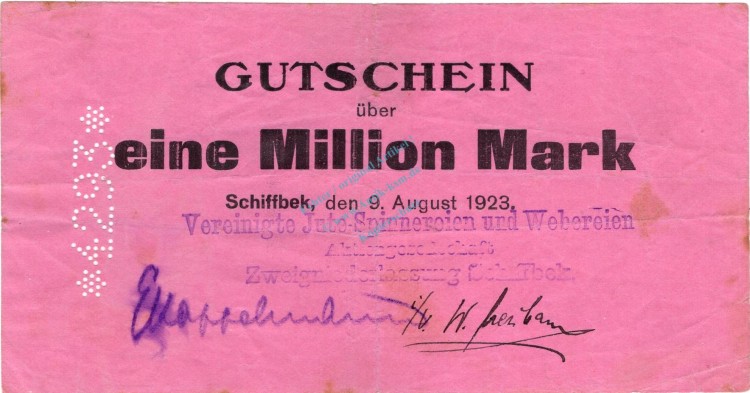 Schiffbek , Banknote 1 Million Mark Schein in gbr. Keller 4957.a , Schleswig 1923 Inflation