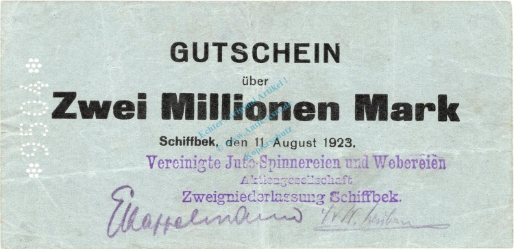 Schiffbek , Banknote 2 Millionen Mark Schein in gbr. Keller 4957.b , Schleswig 1923 Inflation