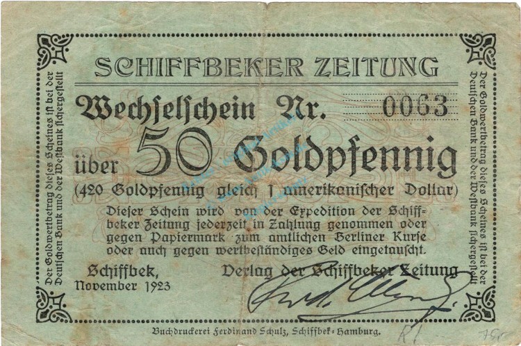 Schiffbek , Banknote 50 Gold Pfennig Schein in gbr. Müller 4290.15 , Schleswig 1923 Inflation