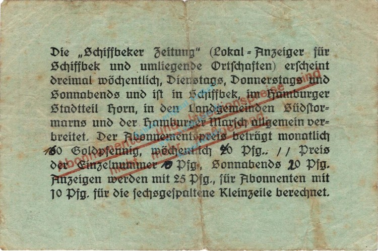 Schiffbek , Banknote 50 Gold Pfennig Schein in gbr. Müller 4290.15 , Schleswig 1923 Inflation