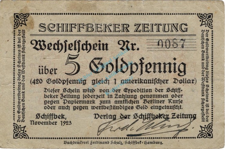 Schiffbek , Banknote 5 Gold Pfennig Schein in gbr. Müller 4290.4 , Hamburg 1923 Inflation