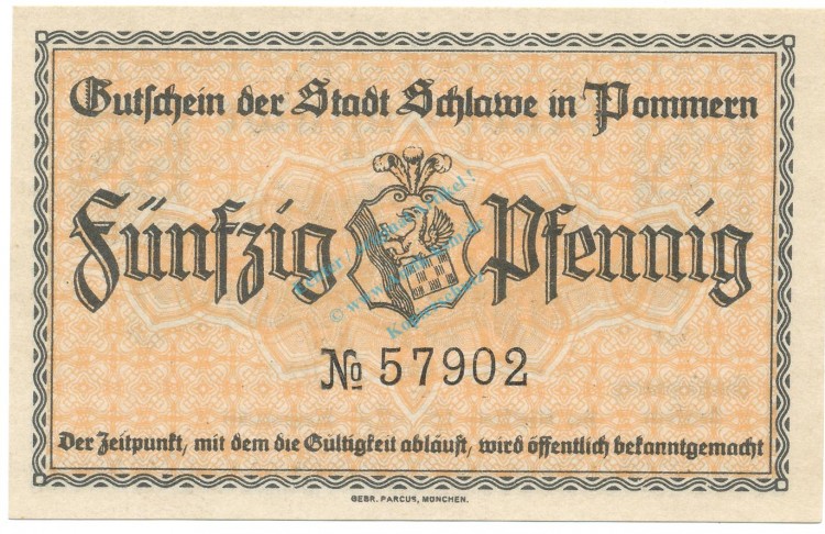 Schlawe , Notgeld 50 Pfennig Schein unc-kfr. Ti.6530.05.10 POM 1920 Verkehrsausgabe -4310-