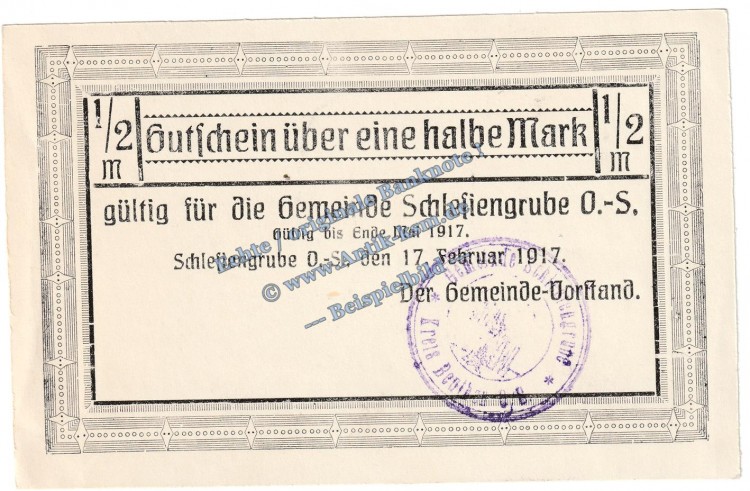 Schlesiengrube , Notgeld 0,50 Mark Schein in kfr. Tieste 6555.05.02 , Oberschlesien 1917 Verkehrsausgabe