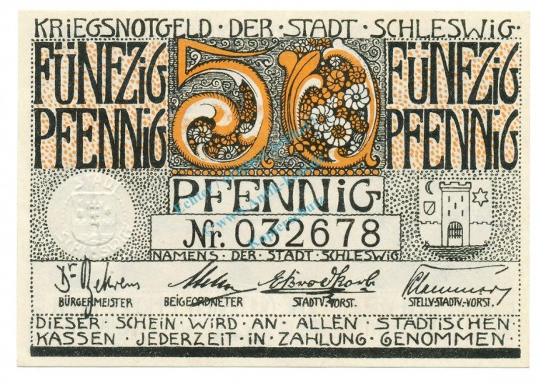 Schleswig , Notgeld 50 Pfennig Schein unc-kfr. Ti.6560.10.30 SH 1920 Verkehrsausgabe -4293-