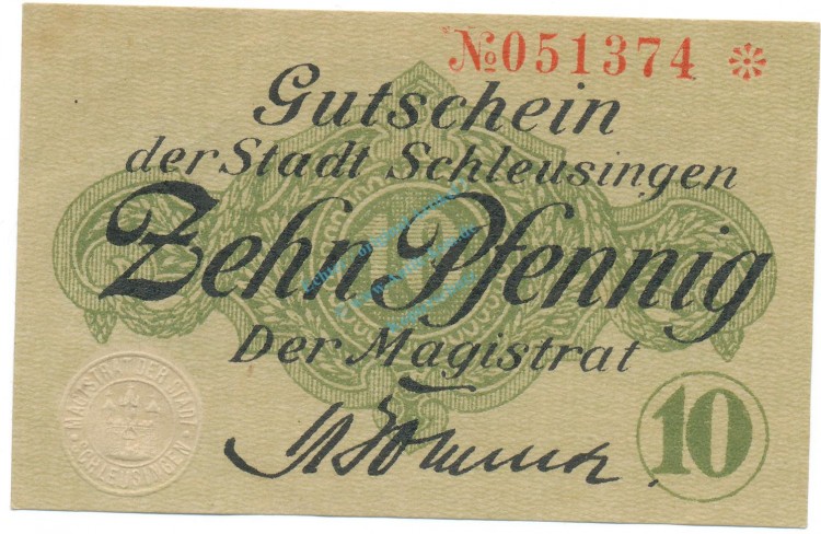 Schleusingen , Notgeld 10 Pfennig Schein unc-kfr. Ti.6570.05.06 TH o.D. Verkehrsausgabe -4303-