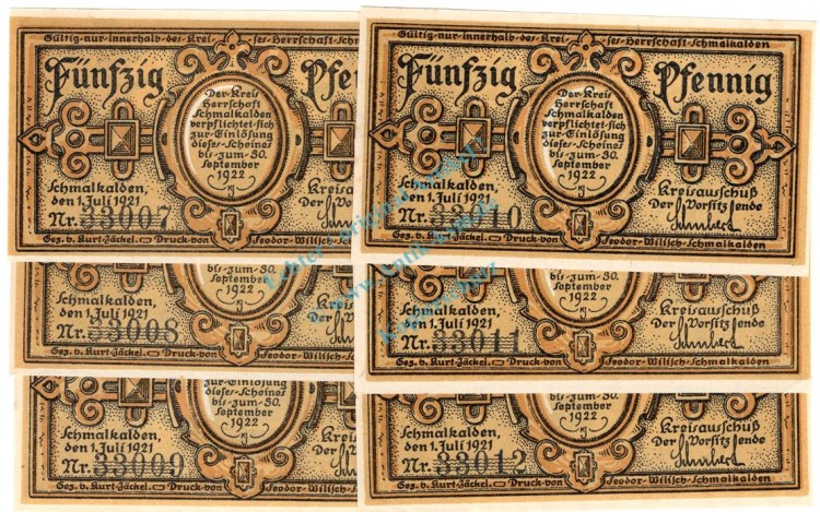 Schmalkalden , Notgeld Set --6 x KN fortlaufend-- unc-kfr. M-G 1184.1 , Thüringen 1921 Seriennotgeld