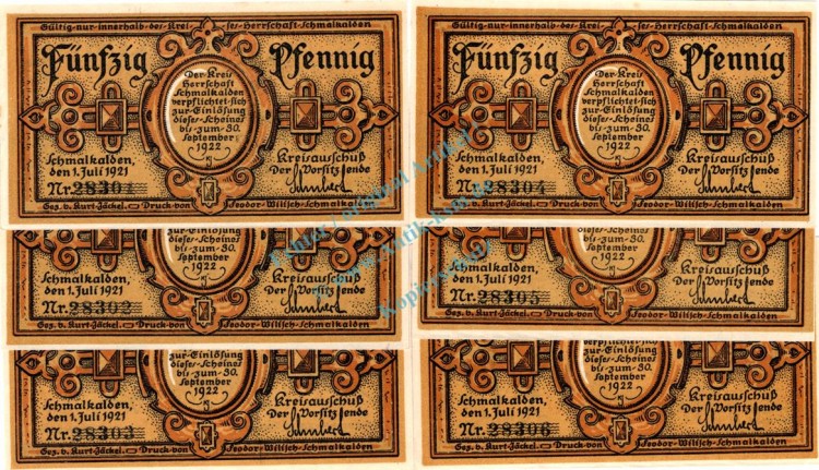 Schmalkalden , Notgeld Set --6 x KN fortlaufend-- unc-kfr. M-G 1184.2 , Thüringen 1921 Seriennotgeld