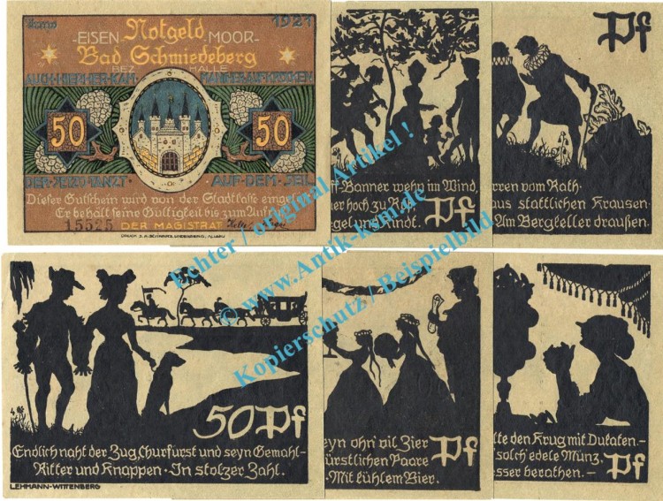 Notgeld Schmiedeberg , Sachsen Anhalt , vollständiger Satz mit 6 Scheinen , Seriennotgeld , 1186.1 b , von 1921