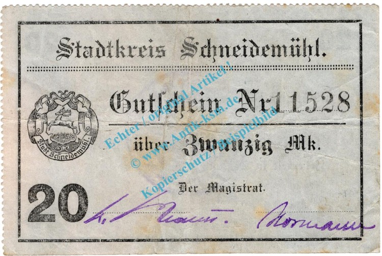 Schneidemühl , Notgeld 20 Mark Schein in gbr. Geiger 480.2 , Posen o.D. Grossnotgeld 1918Schneidemühl , Notgeld 20 Mark Schein in gbr. Geiger 480.2 , Posen o.D. Grossnotgeld 1918