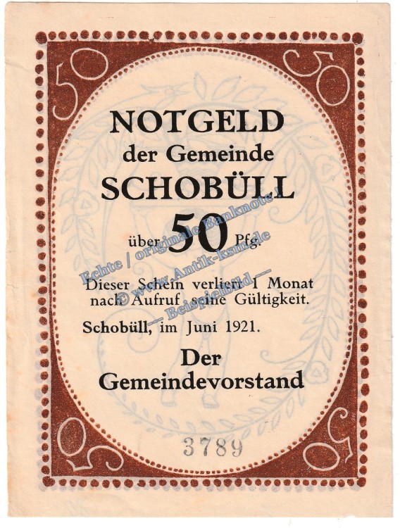 Schobüll , Notgeld 50 Pfennig -Hochformat- in kfr. M-G 1194.10 , Schleswig Holstein 1921 Seriennotgeld