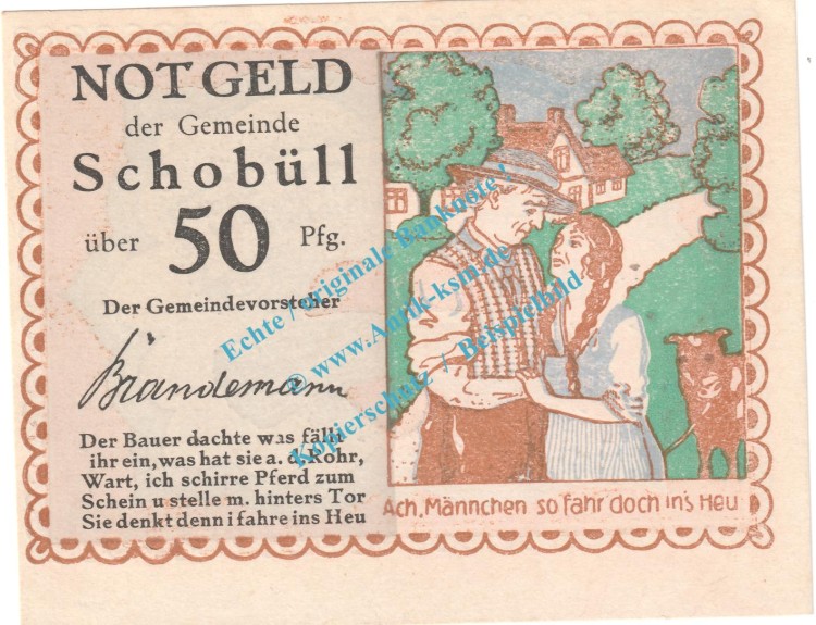Schobüll , Notgeld 50 Pfennig Nr.2 -Textfehler- in kfr. M-G 1194.3 , Schleswig Holstein o.D. Seriennotgeld