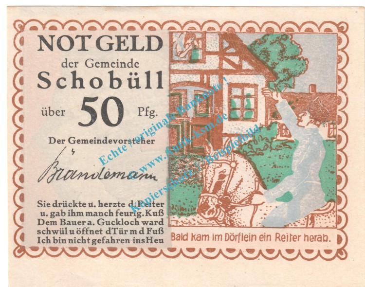 Schobüll , Notgeld 50 Pfennig Nr.4 -Textfehler- in kfr. M-G 1194.3 , Schleswig Holstein o.D. Seriennotgeld
