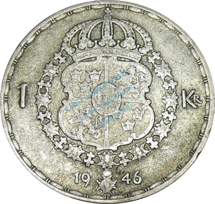 Schweden , 1 Krone Münze 1946 -unter Gustaf V- KM.814 s. -0257-