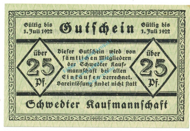 Schwedt , Notgeld 25 Pfennig Schein unc-kfr. Ti.6770.05.02 BBG o.D. Verkehrsausgabe -4300-