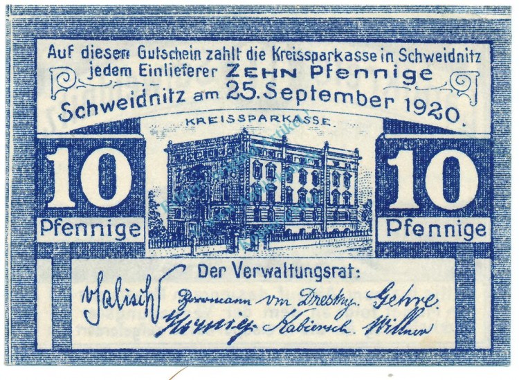 Schweidnitz , Notgeld 10 Pfennig Schein unc-kfr. Ti.6775.15.01 SLN 1920 Verkehrsausgabe -4260-