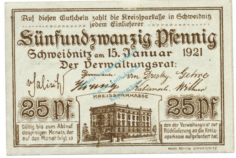 Schweidnitz , Notgeld 25 Pfennig Schein unc-kfr. Ti.6775.15.06 SLN 1921 Verkehrsausgabe -4262-