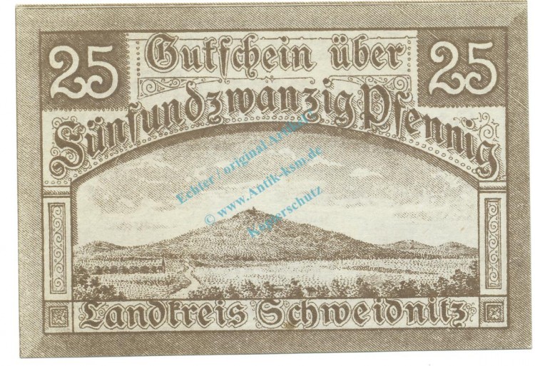 Schweidnitz , Notgeld 25 Pfennig Schein unc-kfr. Ti.6775.15.06 SLN 1921 Verkehrsausgabe -4262-